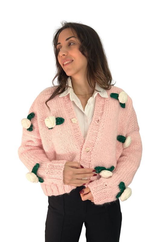 Pembe 3D Çiçek Motifli Triko Hırka