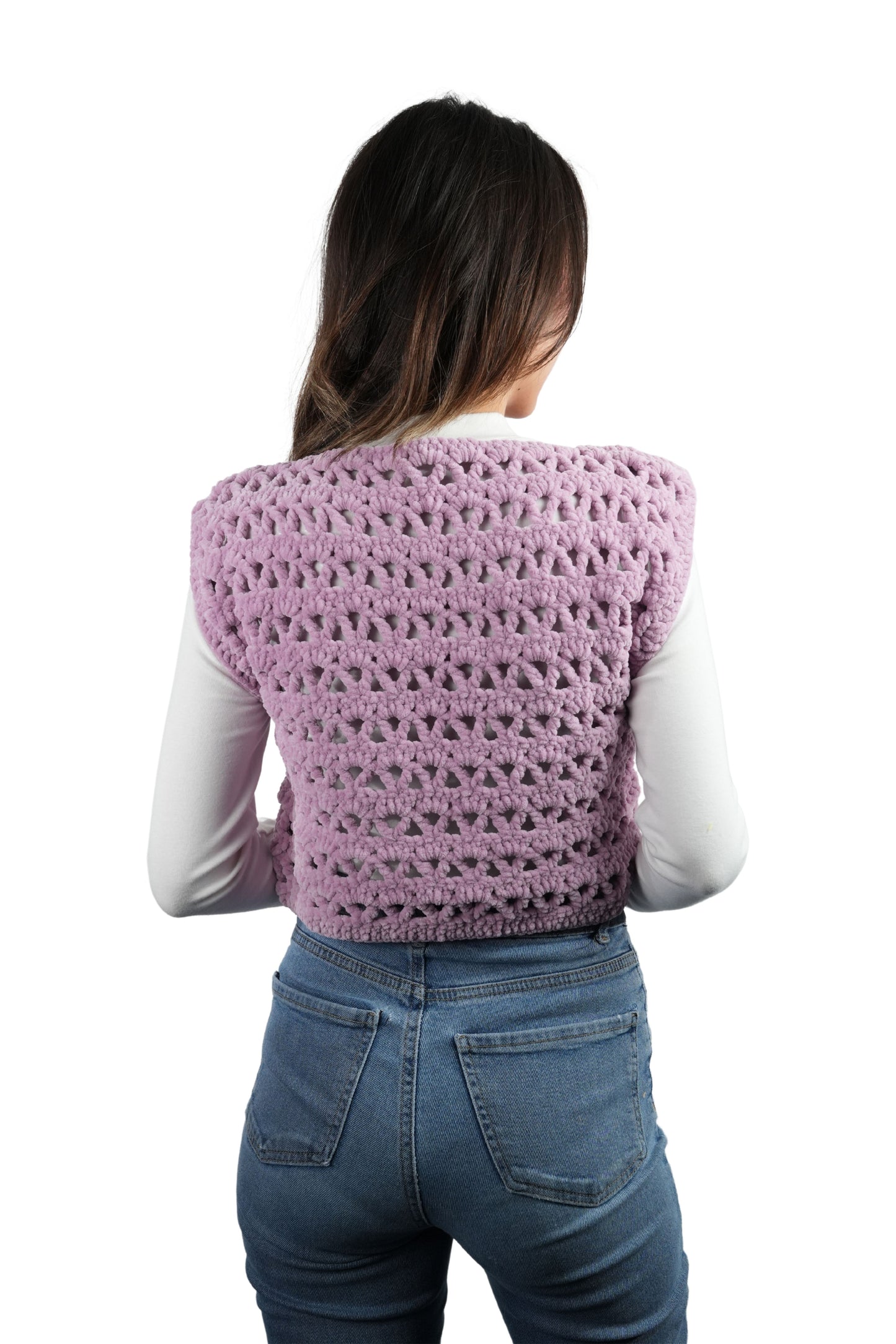 El Yapımı Ajurlu Örgü Süveter | Lila Renk Crop Tasarım