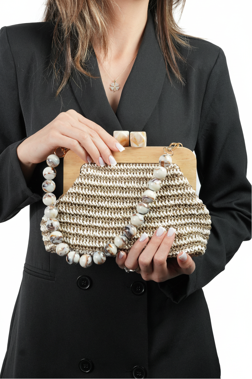 Özel Tasarım Kağıt İp Çanta | Tahta Burslu, İnci Saplı El Yapımı Çanta