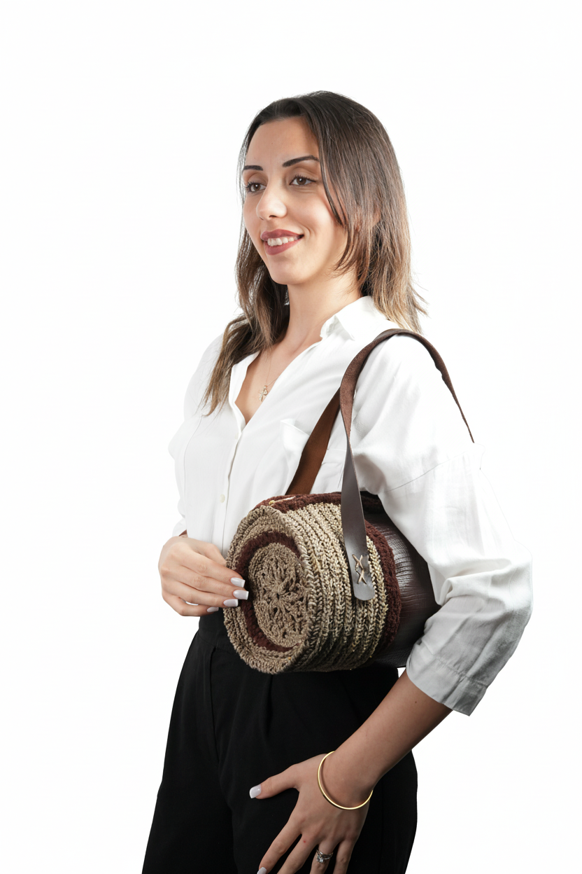 El Yapımı Çiçek Motifli Örgü Çanta – Kağıt, Kadife İp & Deri Detaylı Tasarım