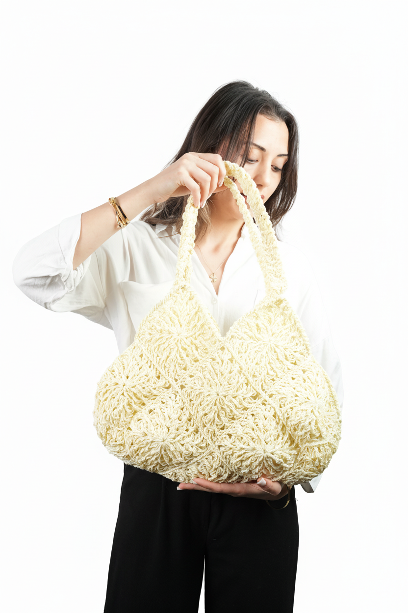 Motifli El Yapımı Örgü Çanta – Krem Renk Omuz Çantası