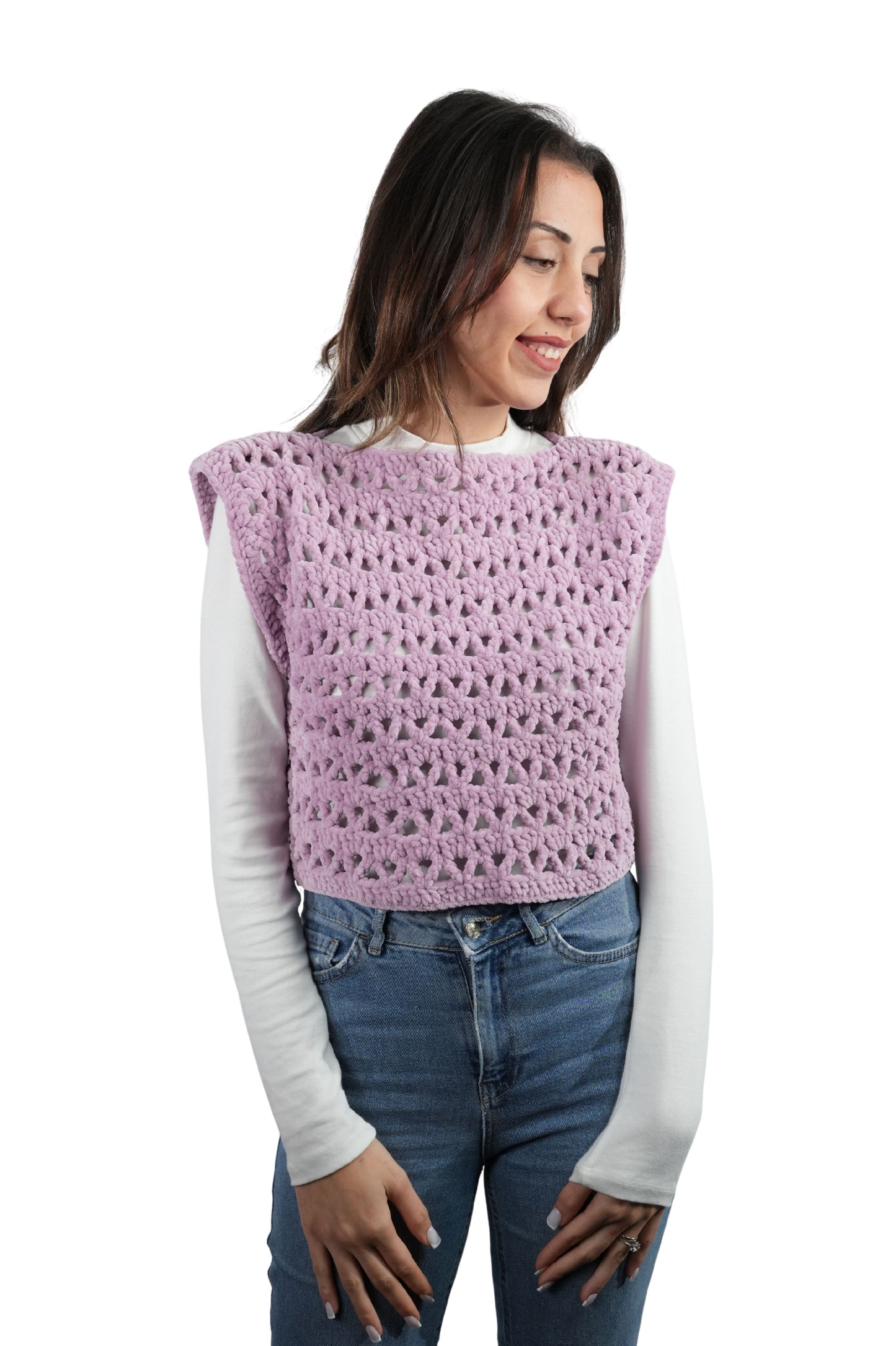 El Yapımı Ajurlu Örgü Süveter | Lila Renk Crop Tasarım