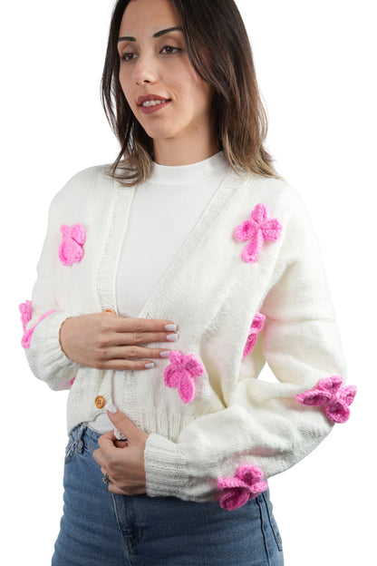 El Yapımı Pembe Kurdeleli Beyaz Crop Hırka