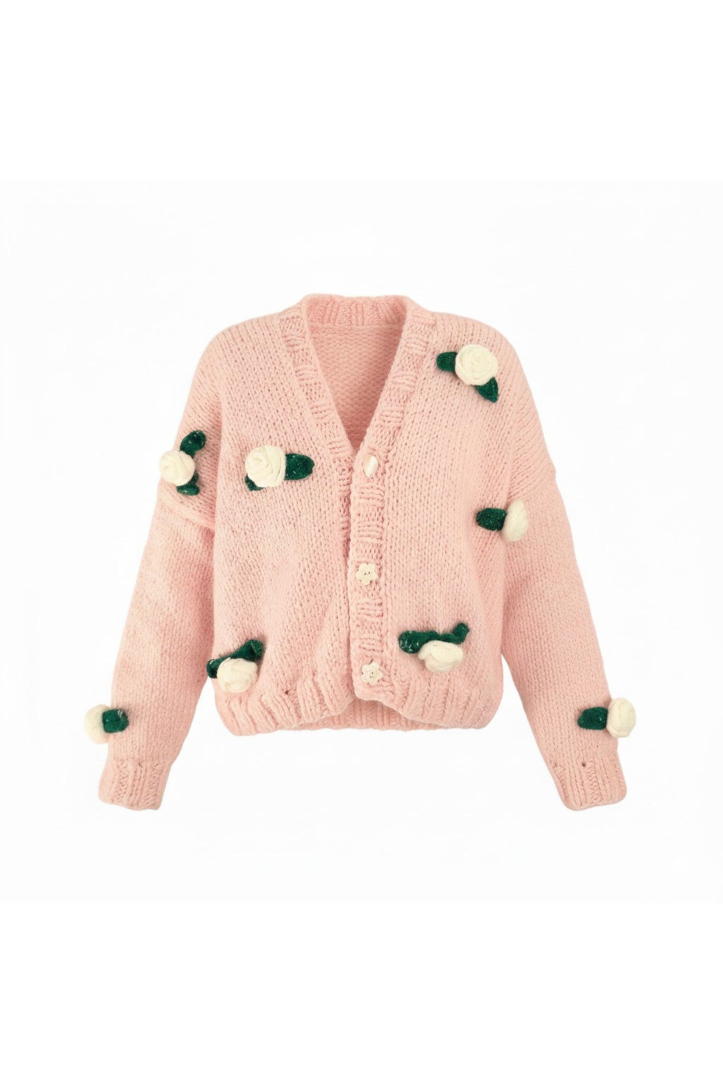 Pembe 3D Çiçek Motifli Triko Hırka