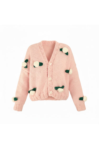 Pembe 3D Çiçek Motifli Triko Hırka