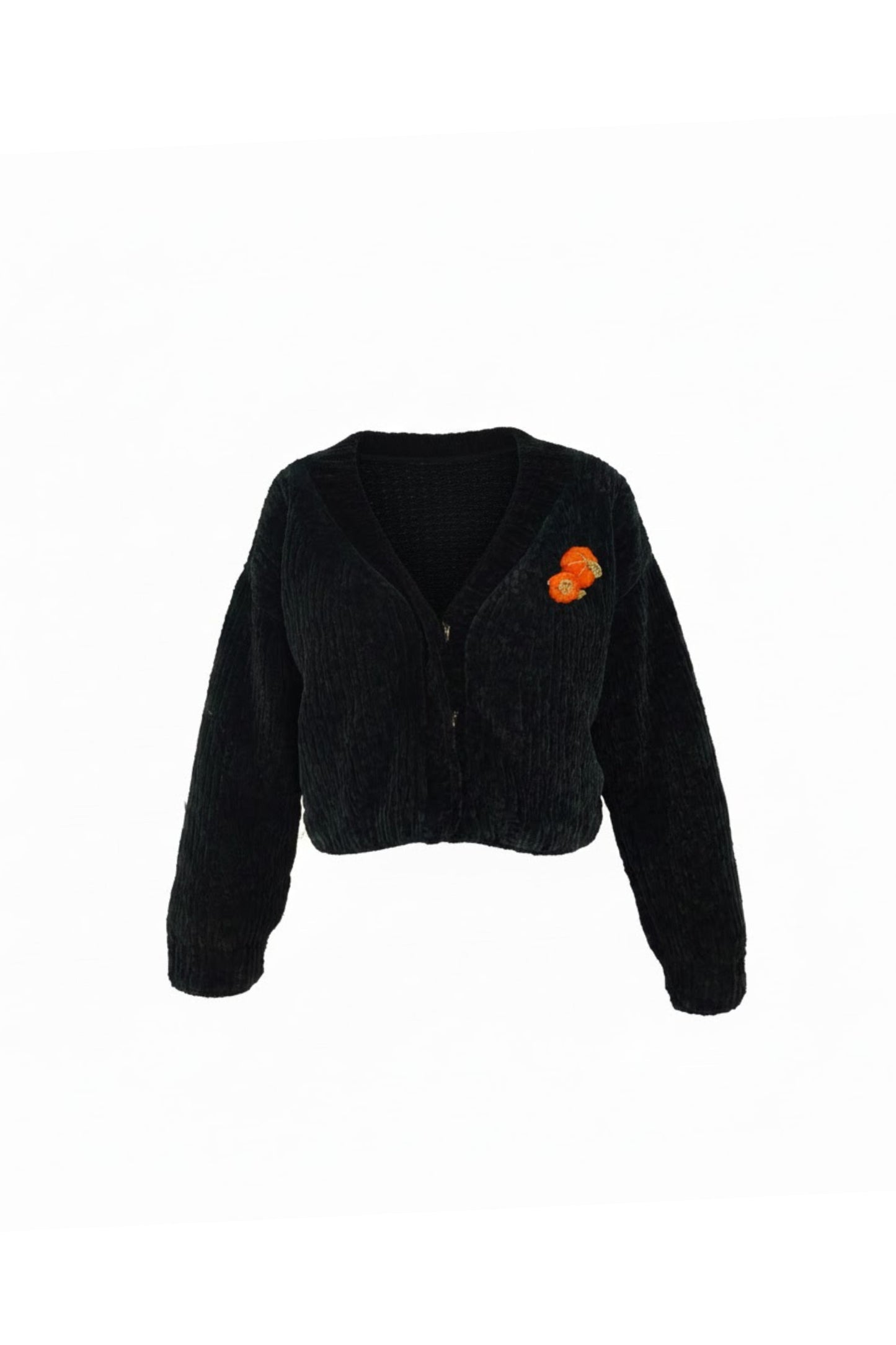 Siyah Kadife Hırka – Balkabağı Aplikeli