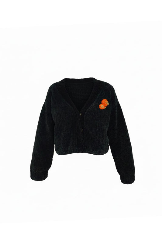 Siyah Kadife Hırka – Balkabağı Aplikeli