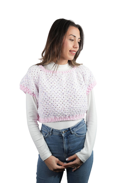 El Yapımı Crop Örgü Süveter | Pembe Beyaz Ajurlu Tasarım