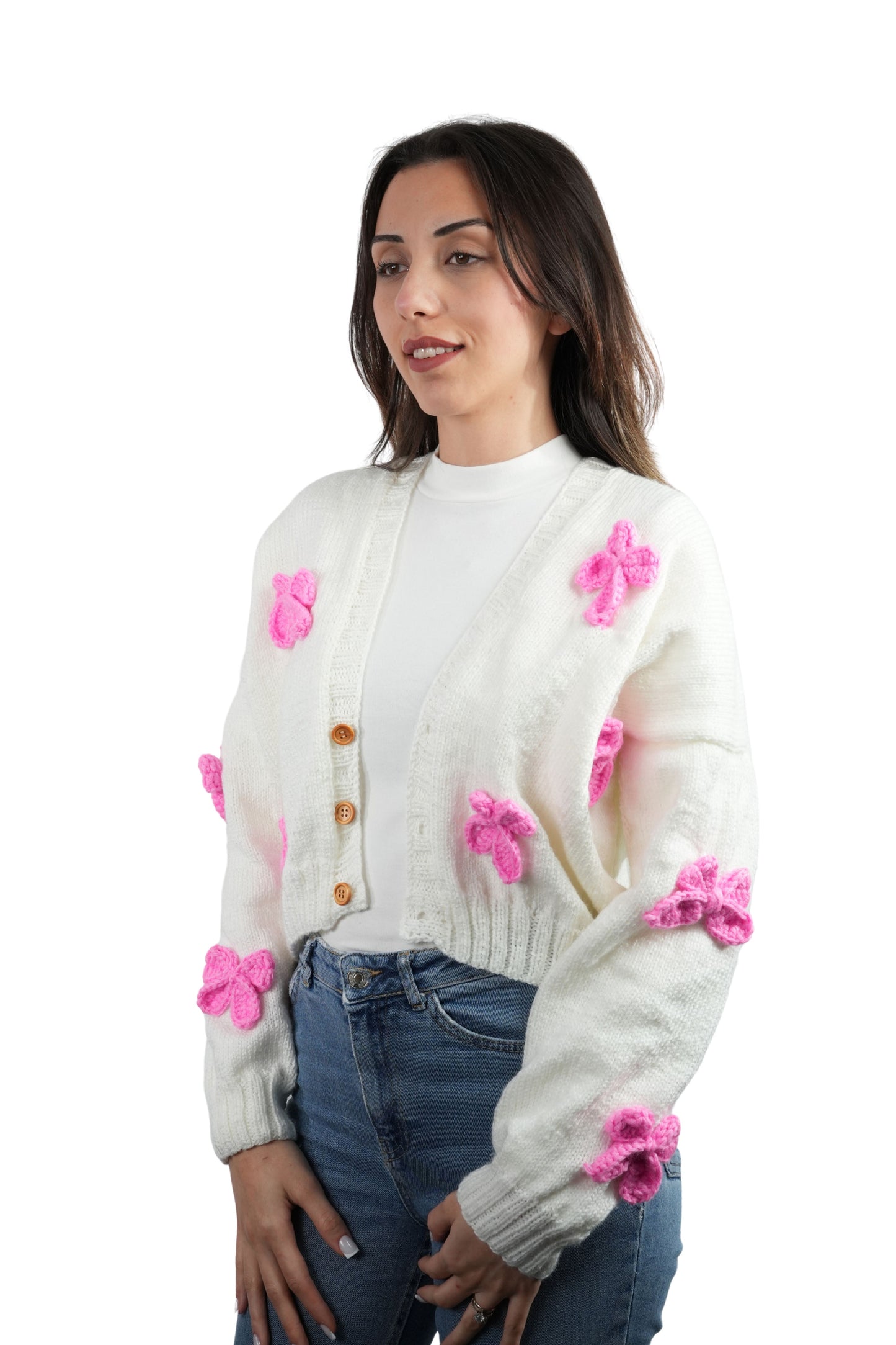 El Yapımı Pembe Kurdeleli Beyaz Crop Hırka