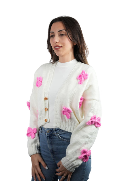 El Yapımı Pembe Kurdeleli Beyaz Crop Hırka