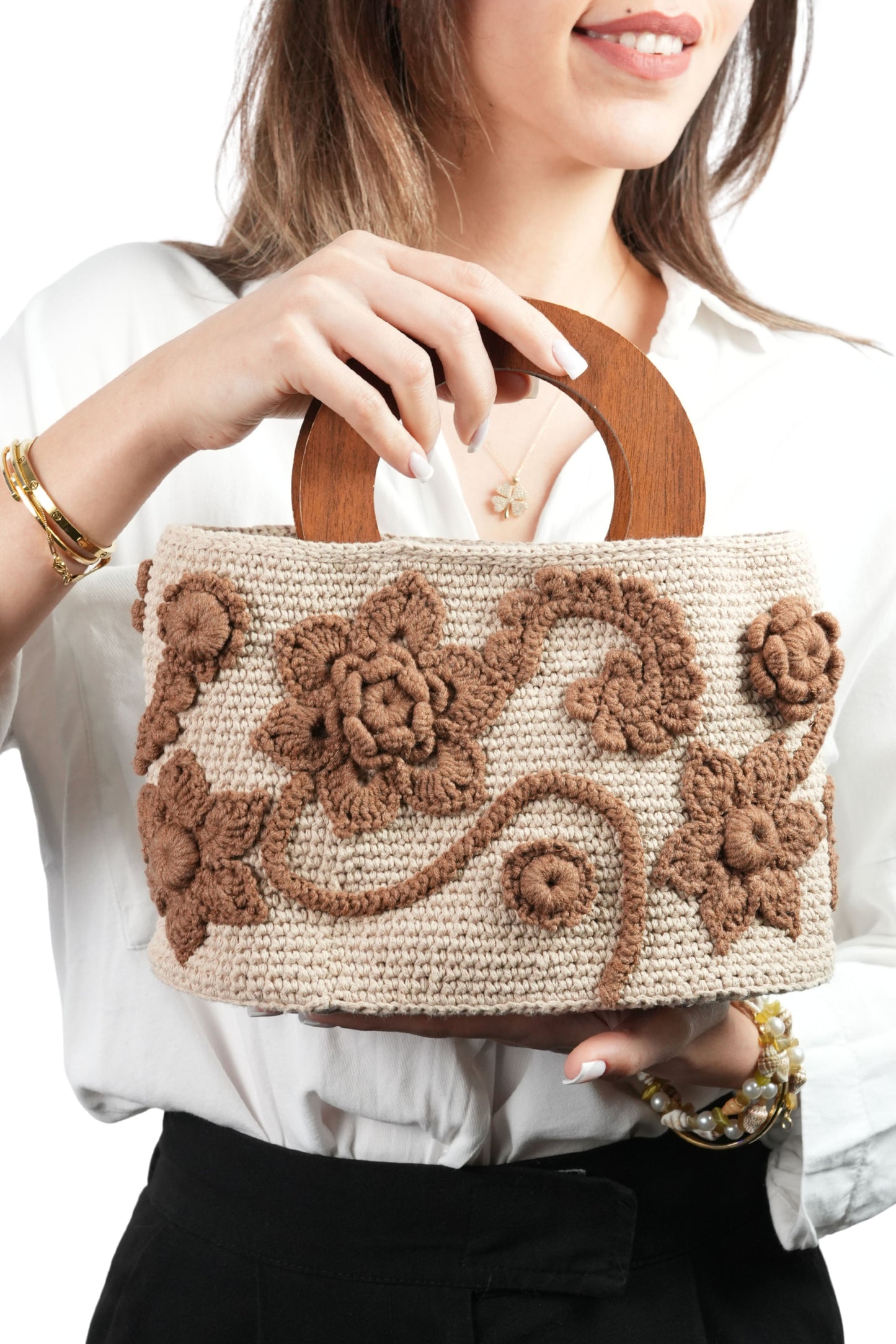 Kağıt İp Çanta | Tahta Saplı Çiçek Motifli