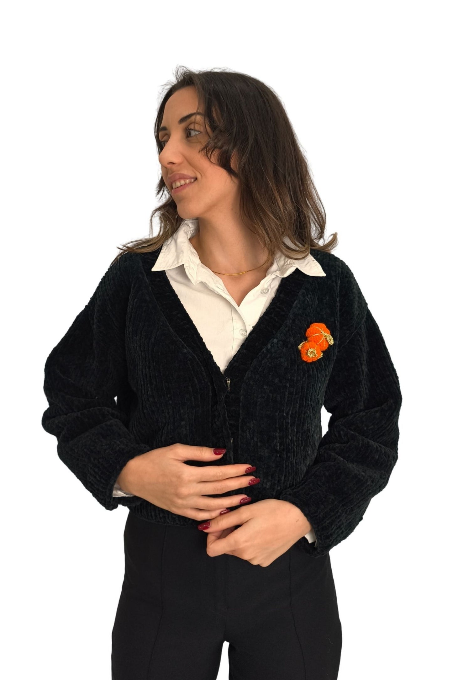 Siyah Kadife Hırka – Balkabağı Aplikeli