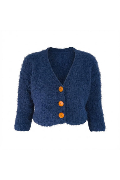 Lacivert Tüylü Crop Triko Hırka – Düğmeli Tasarım