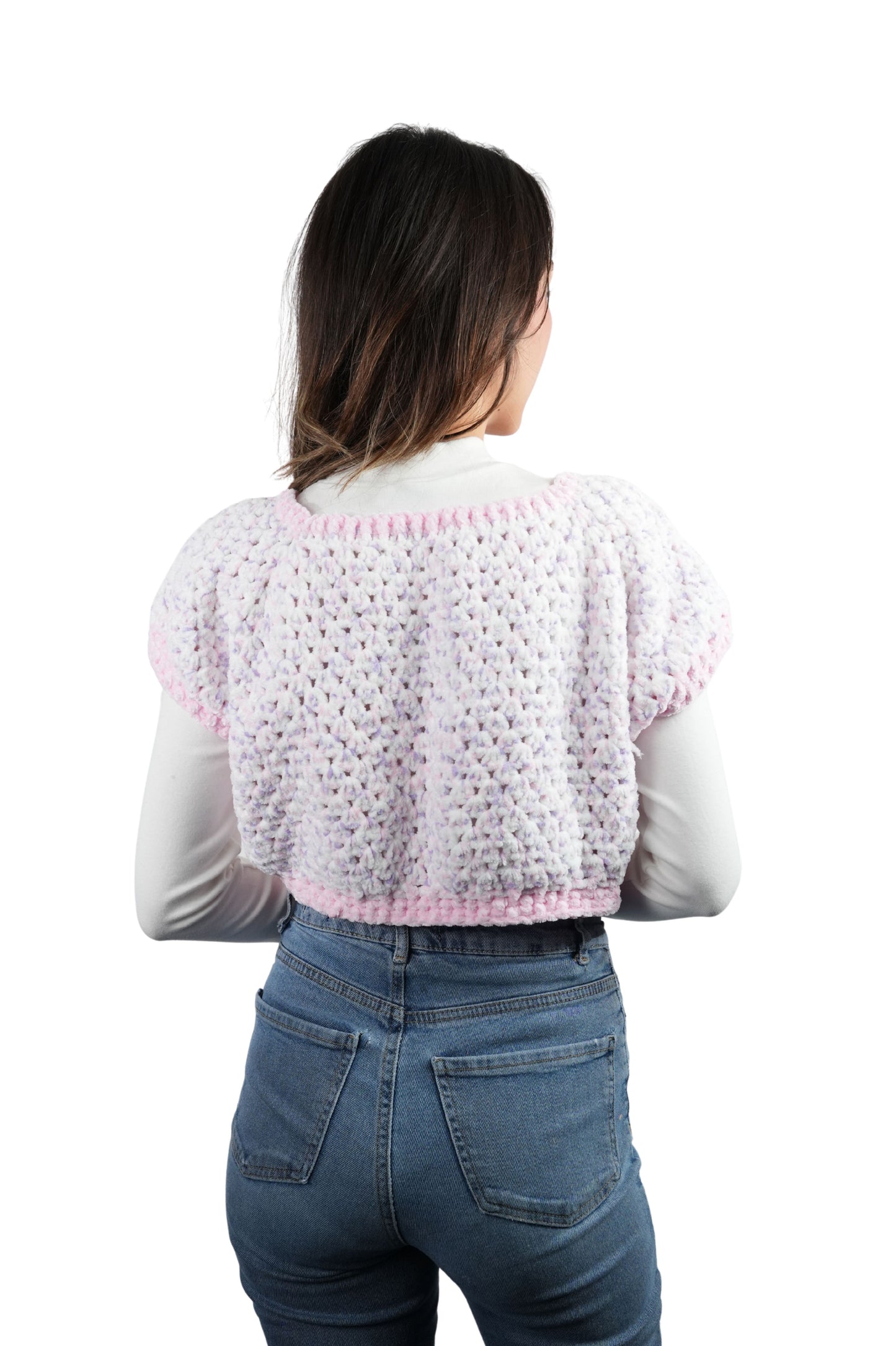 El Yapımı Crop Örgü Süveter | Pembe Beyaz Ajurlu Tasarım