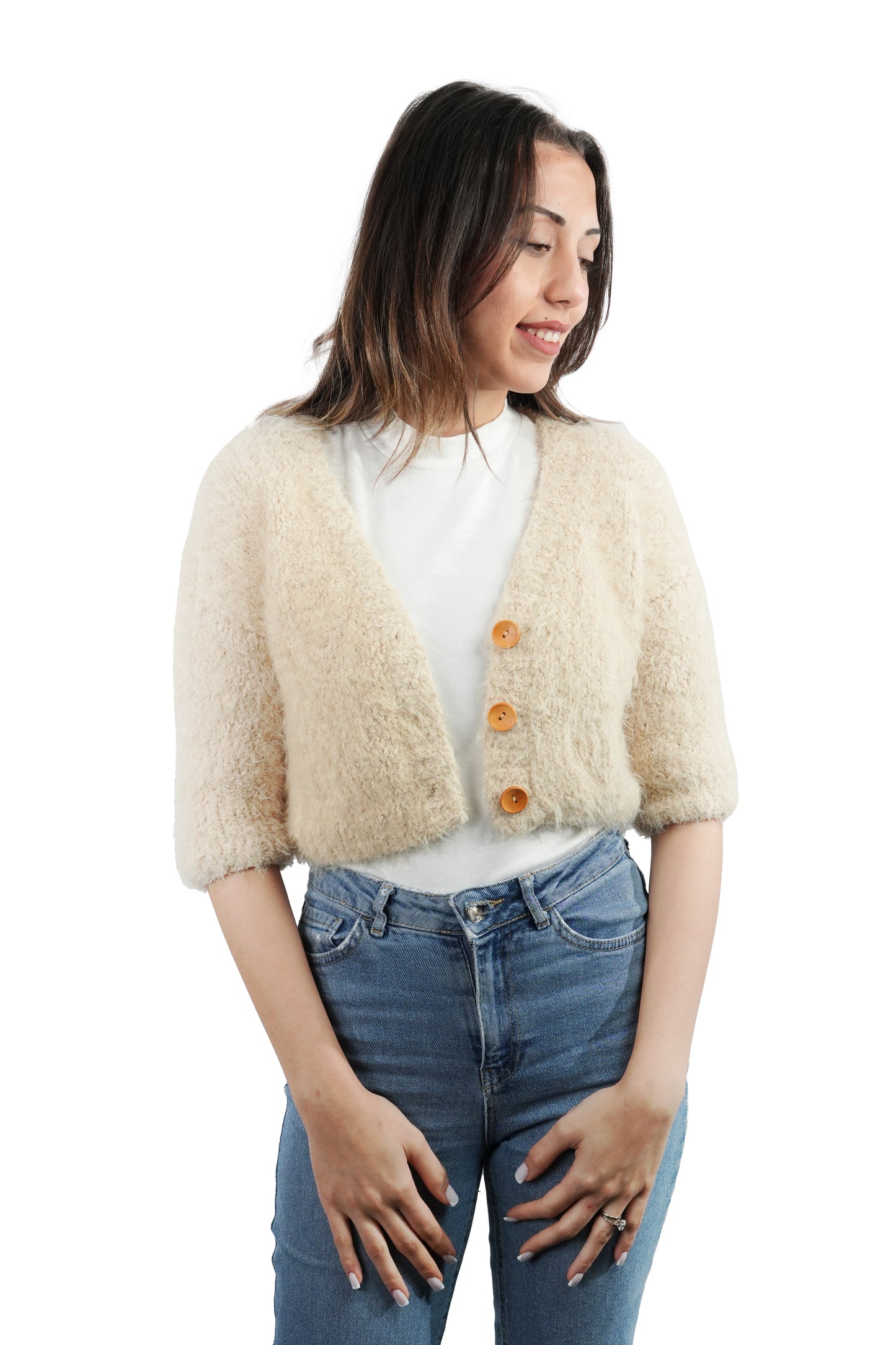 Rahat Tüylü El Yapımı Yumuşak Kabarık Kadın Kısa Örgü Hırka