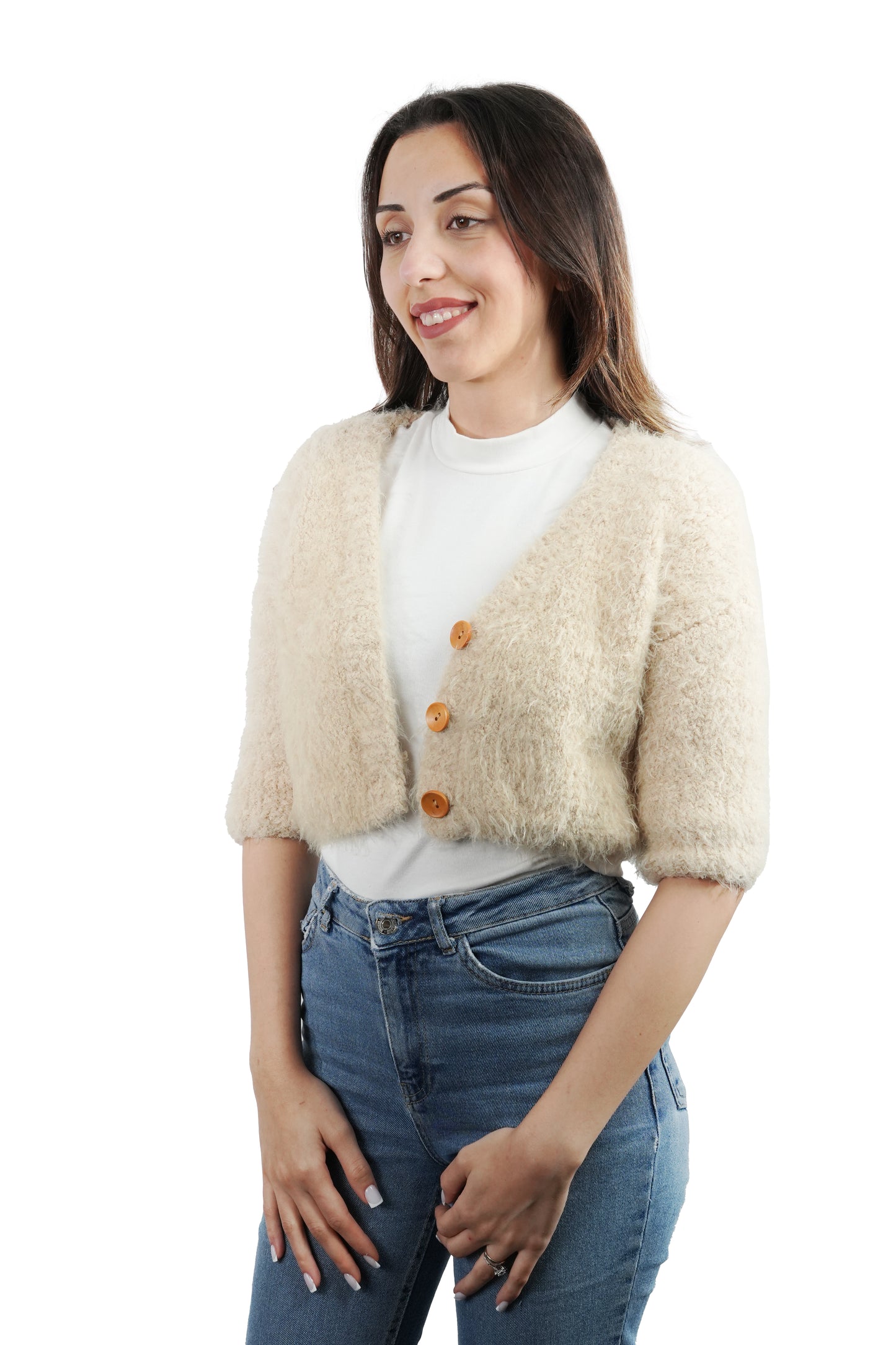 Rahat Tüylü El Yapımı Yumuşak Kabarık Kadın Kısa Örgü Hırka