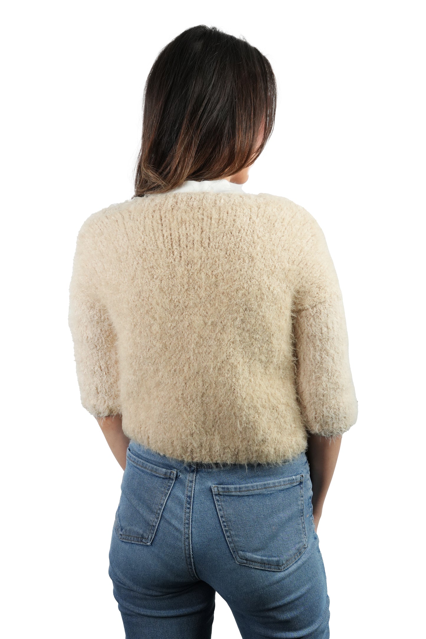 Rahat Tüylü El Yapımı Yumuşak Kabarık Kadın Kısa Örgü Hırka