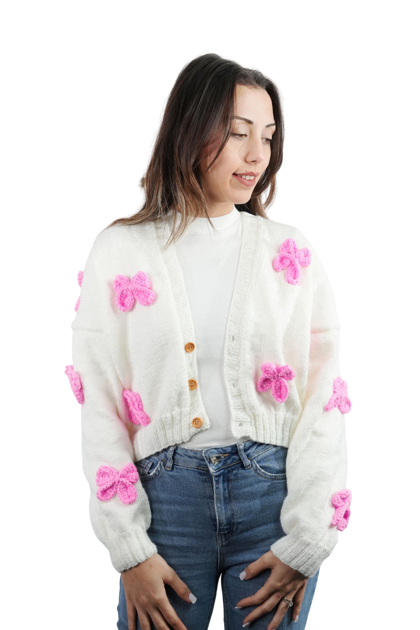 El Yapımı Pembe Kurdeleli Beyaz Crop Hırka