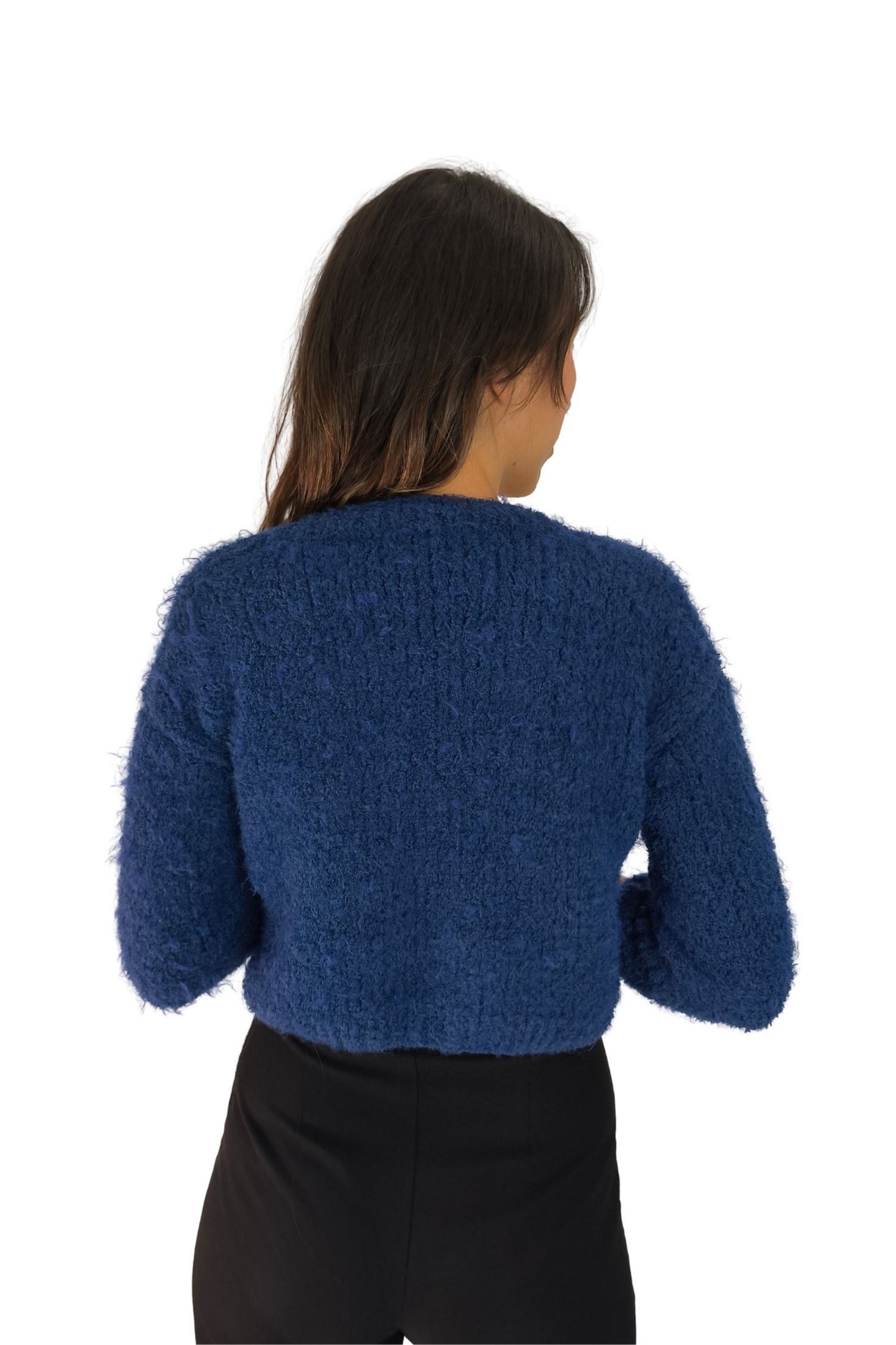 Lacivert Tüylü Crop Triko Hırka – Düğmeli Tasarım