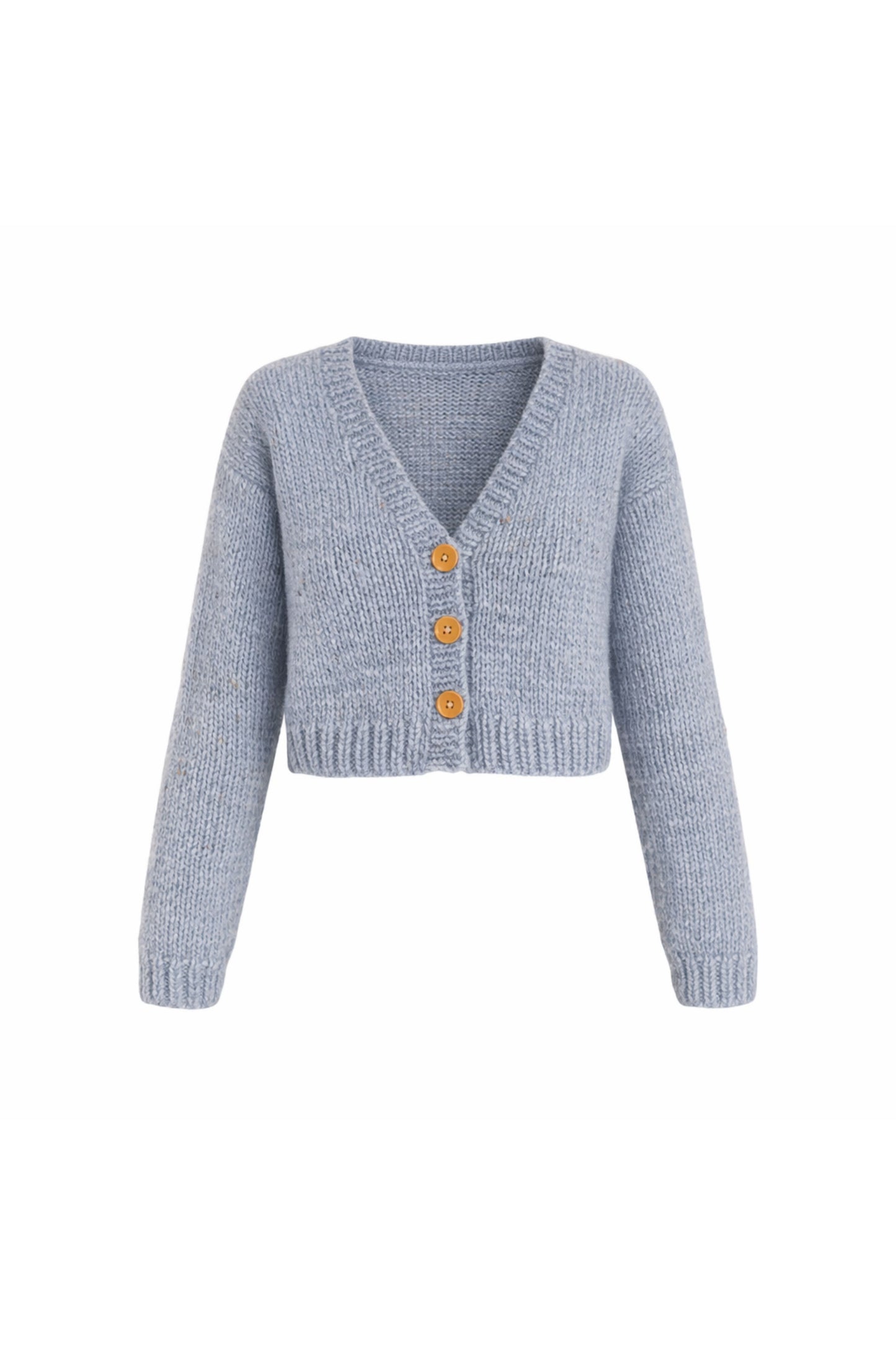 Gri El Örgüsü Crop Hırka – V Yaka Düğmeli Triko