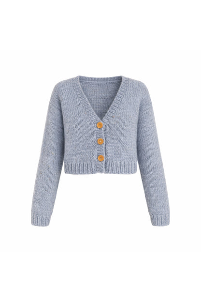 Gri El Örgüsü Crop Hırka – V Yaka Düğmeli Triko