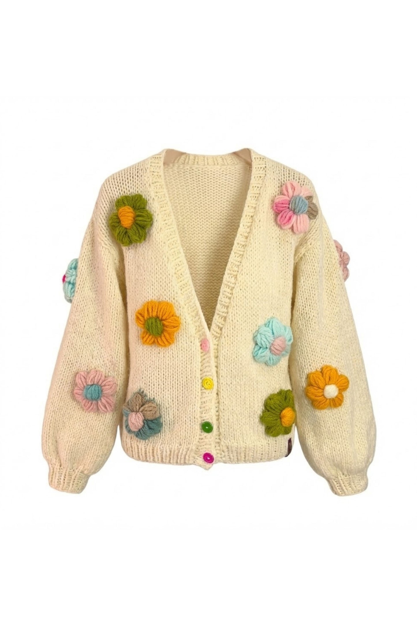 Krem 3D Çiçek Motifli Triko Hırka