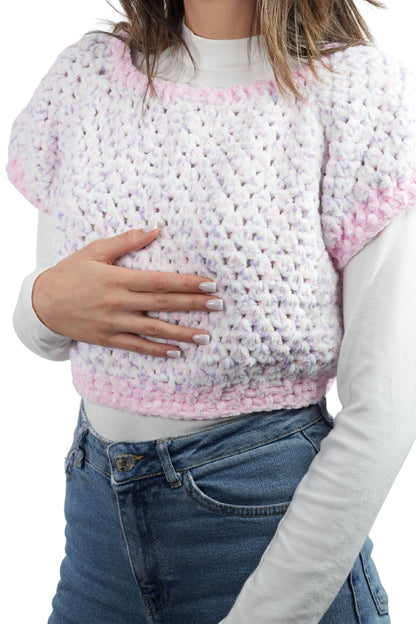 El Yapımı Crop Örgü Süveter | Pembe Beyaz Ajurlu Tasarım