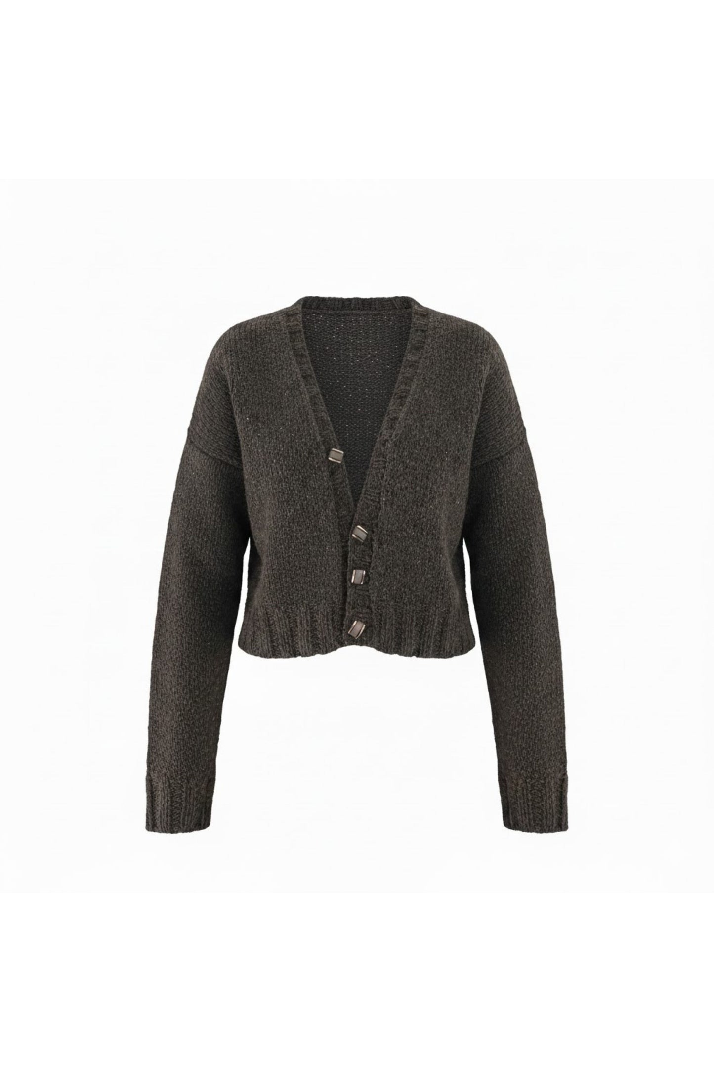 Koyu Gri Crop Triko Hırka – Düğmeli V Yaka Tasarım