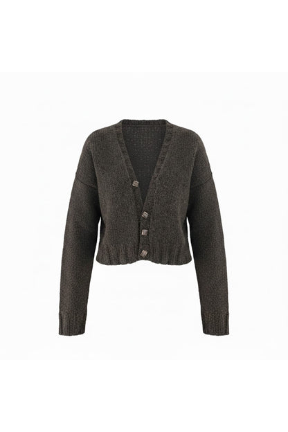 Koyu Gri Crop Triko Hırka – Düğmeli V Yaka Tasarım