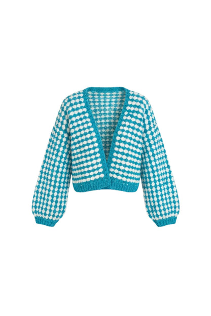 Kare Motifli Mavi Triko Hırka – Crop Kesim El Örgüsü Tasarım