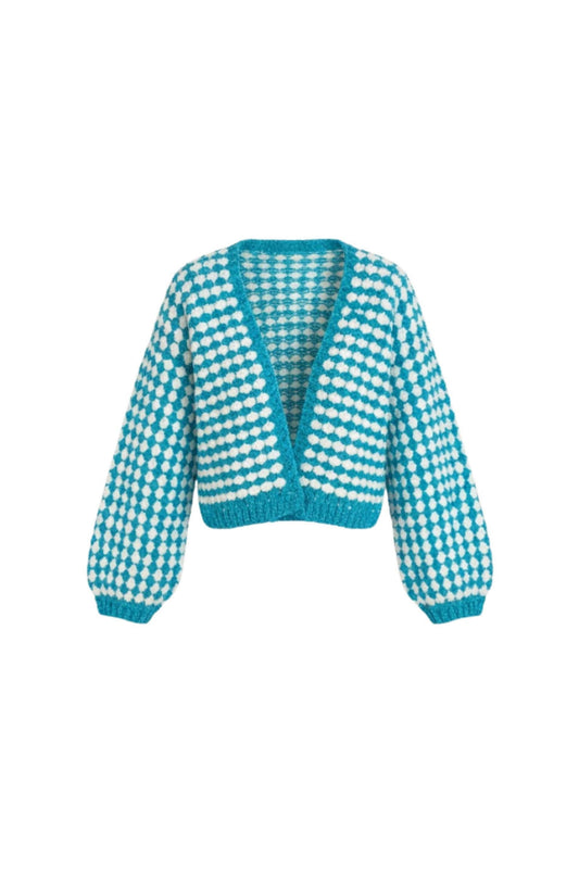 Kare Motifli Mavi Triko Hırka – Crop Kesim El Örgüsü Tasarım