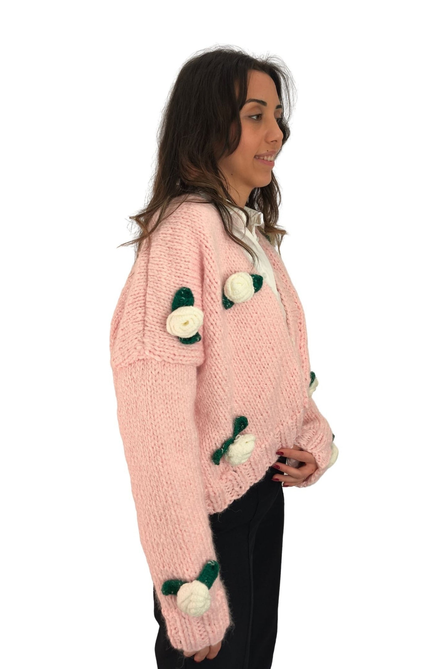 Pembe 3D Çiçek Motifli Triko Hırka