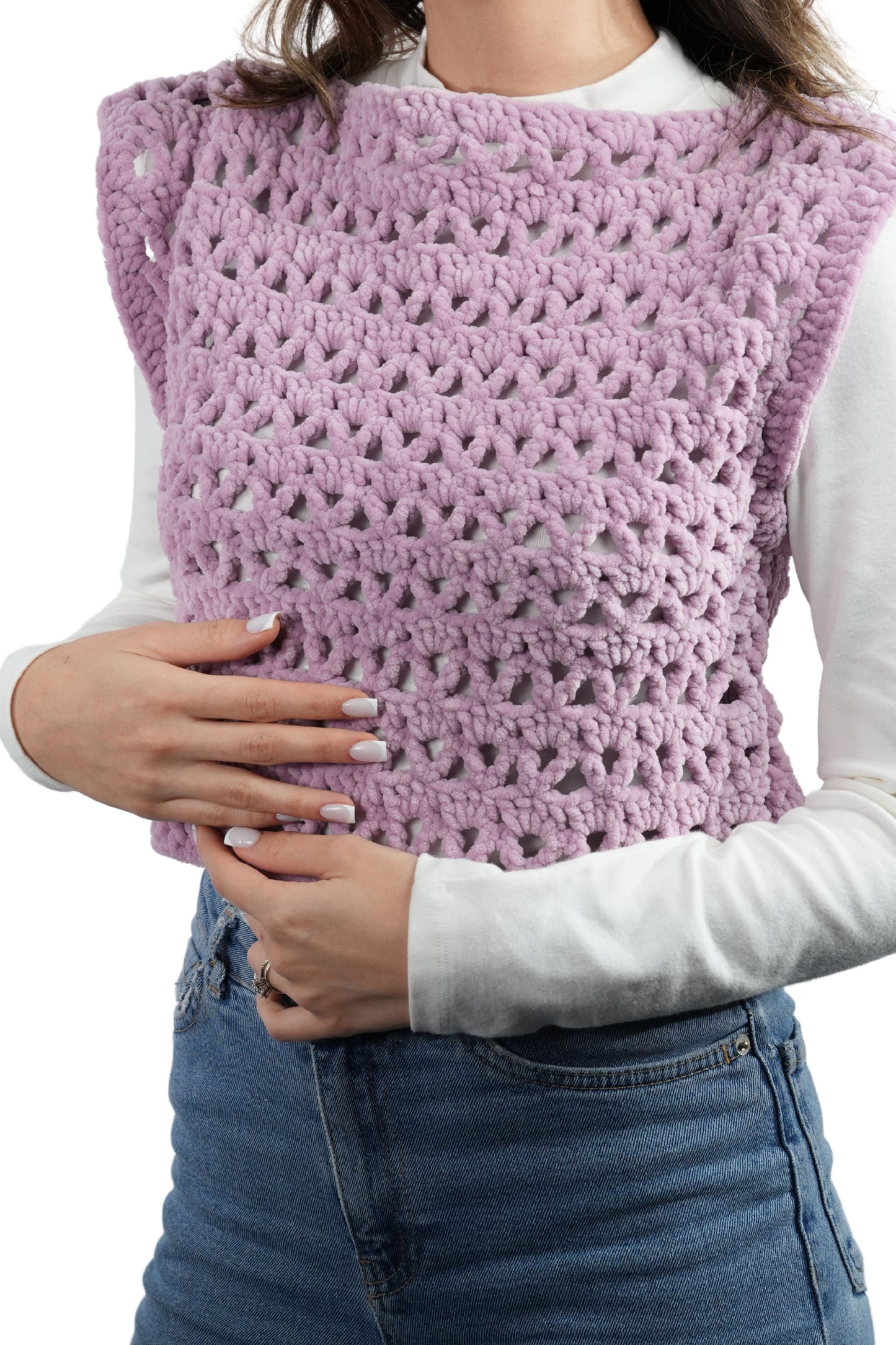 El Yapımı Ajurlu Örgü Süveter | Lila Renk Crop Tasarım