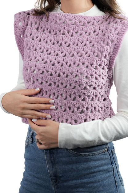 El Yapımı Ajurlu Örgü Süveter | Lila Renk Crop Tasarım