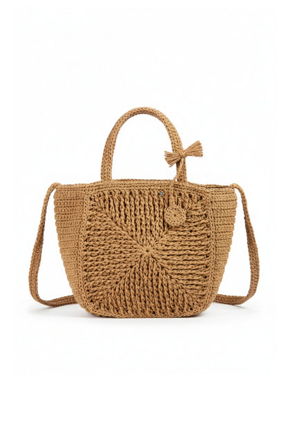 Geometrik Üçgen Motifli El Yapımı Naturel Örgü Çanta – Kare Form