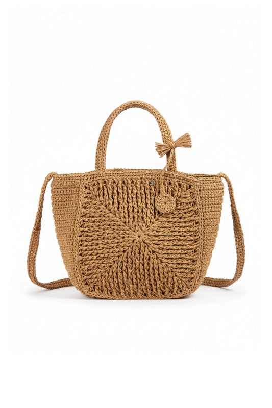 Geometrik Üçgen Motifli El Yapımı Naturel Örgü Çanta – Kare Form