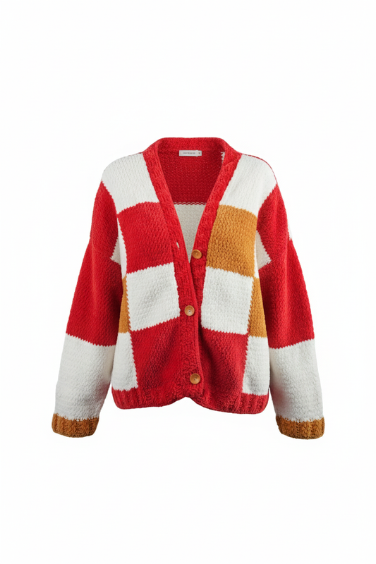 El Yapımı Kare Desenli Örgü Hırka | Kırmızı Beyaz Renk Bloklu