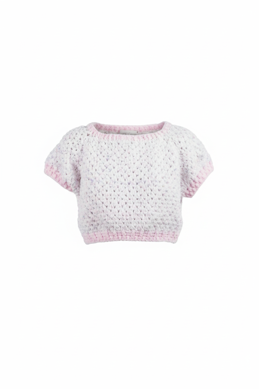 El Yapımı Crop Örgü Süveter | Pembe Beyaz Ajurlu Tasarım