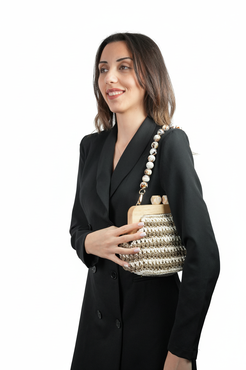 Özel Tasarım Kağıt İp Çanta | Tahta Burslu, İnci Saplı El Yapımı Çanta