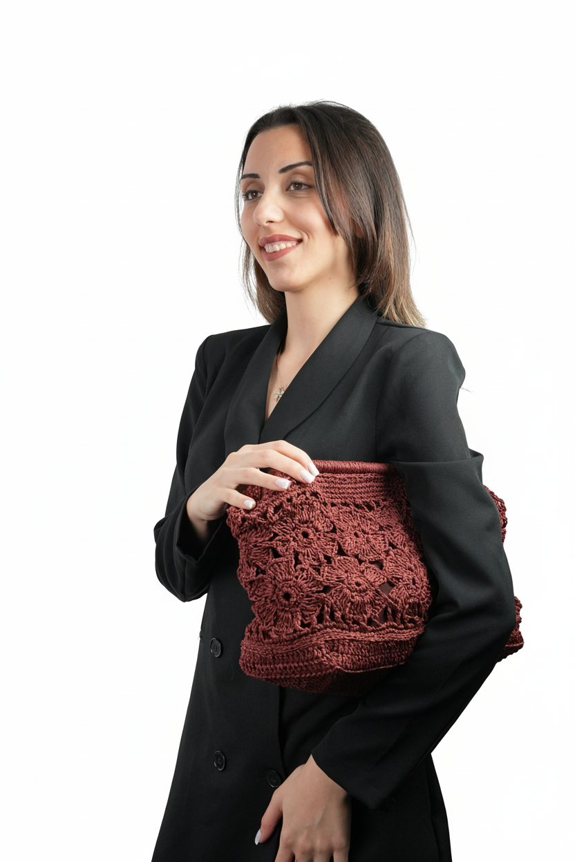 El Yapımı Çiçek Motifli Bordo Burslu Çanta