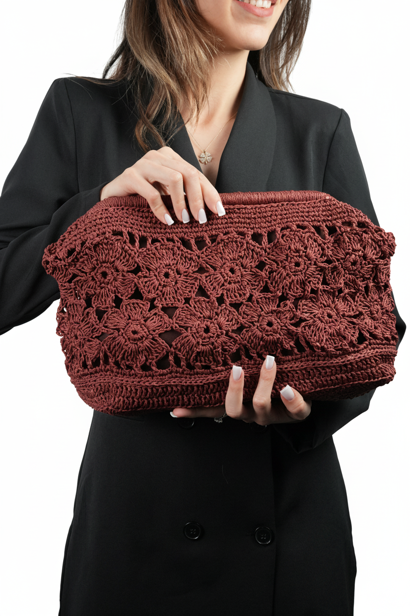 El Yapımı Çiçek Motifli Bordo Burslu Çanta