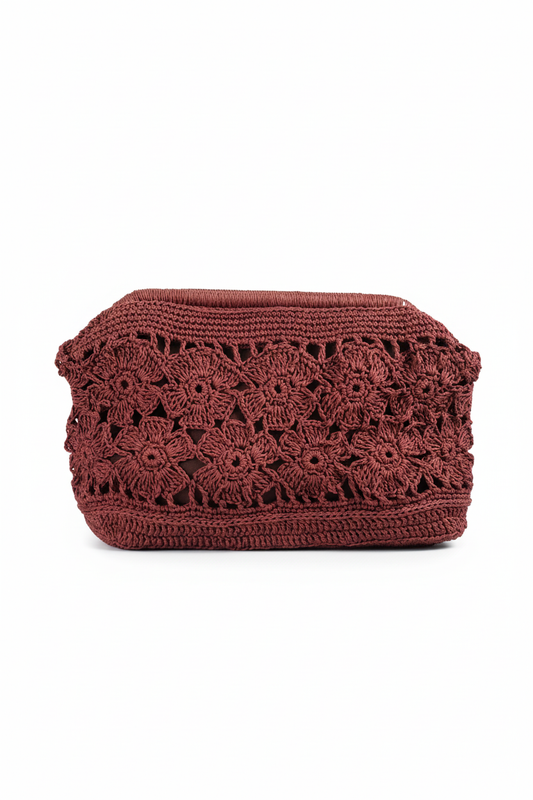 El Yapımı Çiçek Motifli Bordo Burslu Çanta