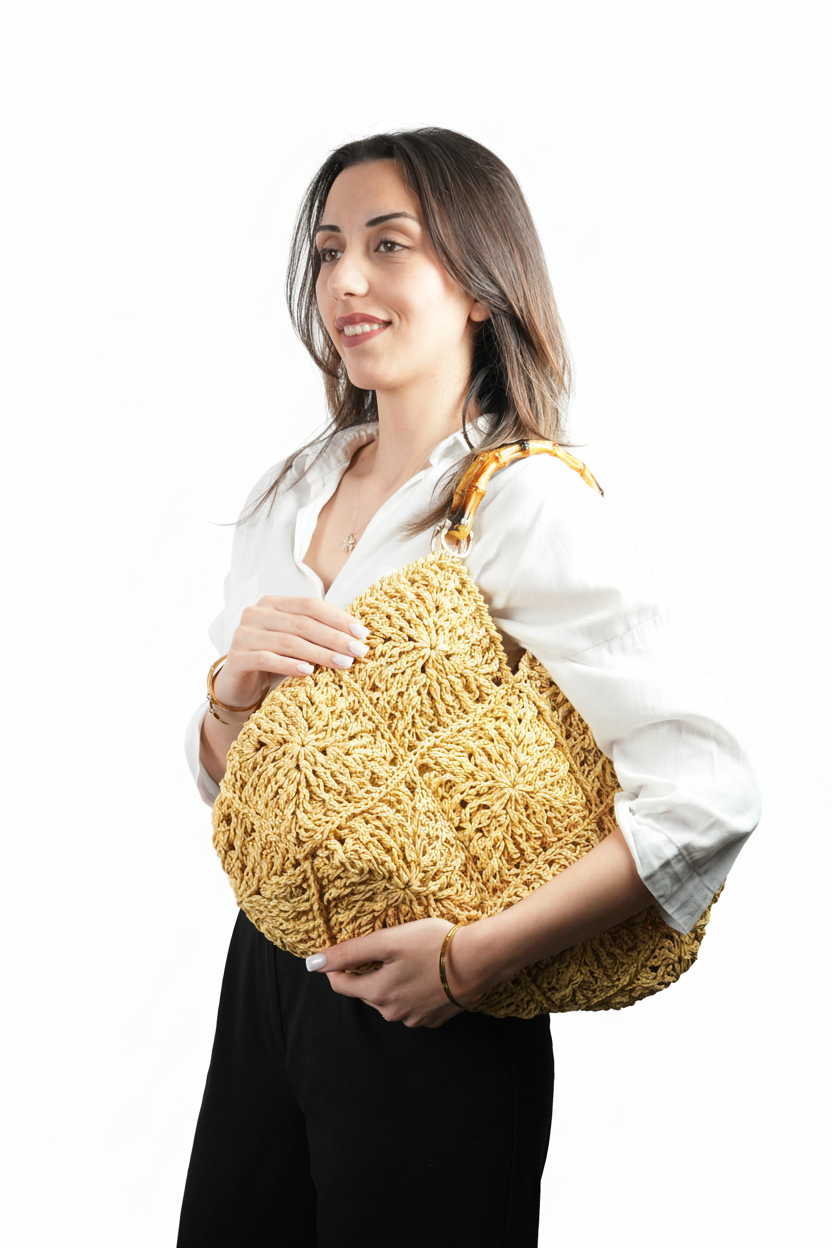 Bambu Saplı El Yapımı Örgü Çanta – Motifli Naturel Kadın Çantası