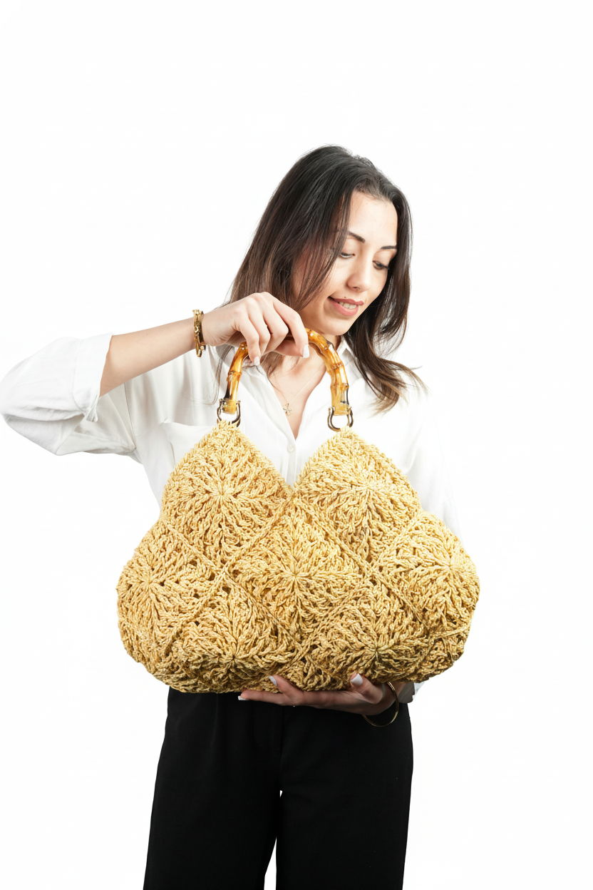Bambu Saplı El Yapımı Örgü Çanta – Motifli Naturel Kadın Çantası