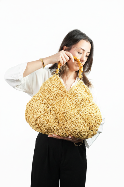 Bambu Saplı El Yapımı Örgü Çanta – Motifli Naturel Kadın Çantası