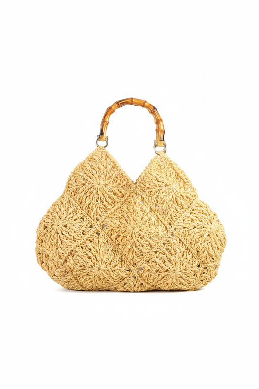 Bambu Saplı El Yapımı Örgü Çanta – Motifli Naturel Kadın Çantası