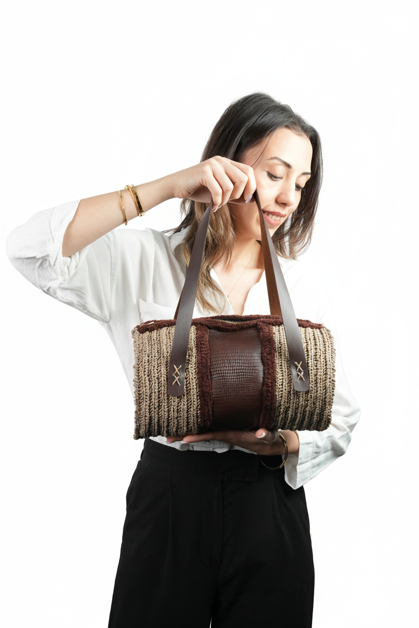 El Yapımı Çiçek Motifli Örgü Çanta – Kağıt, Kadife İp & Deri Detaylı Tasarım