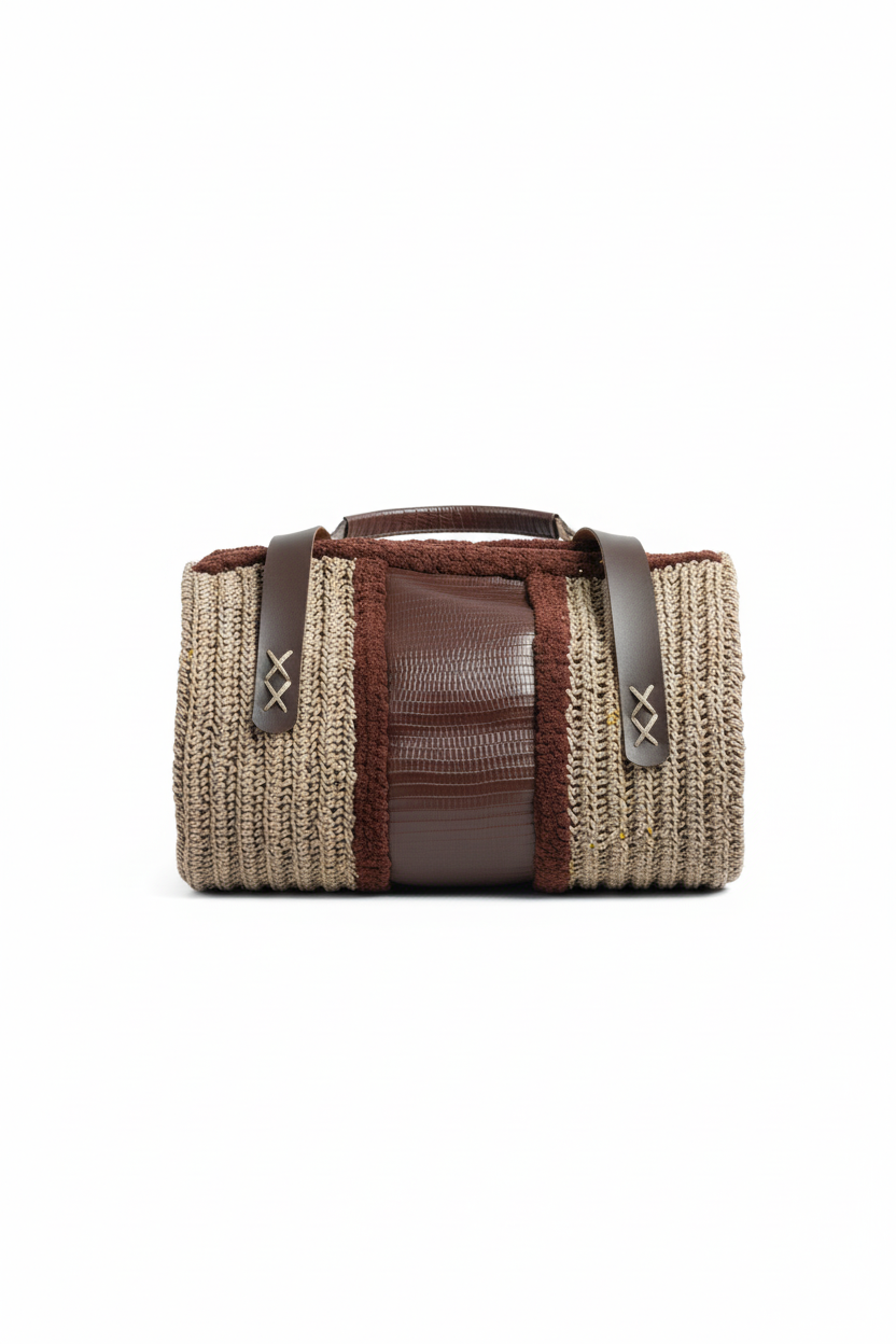 El Yapımı Çiçek Motifli Örgü Çanta – Kağıt, Kadife İp & Deri Detaylı Tasarım