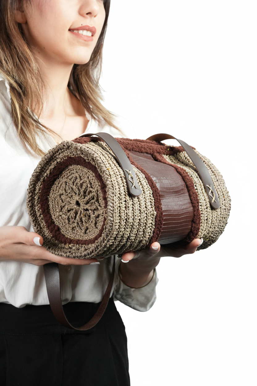 El Yapımı Çiçek Motifli Örgü Çanta – Kağıt, Kadife İp & Deri Detaylı Tasarım