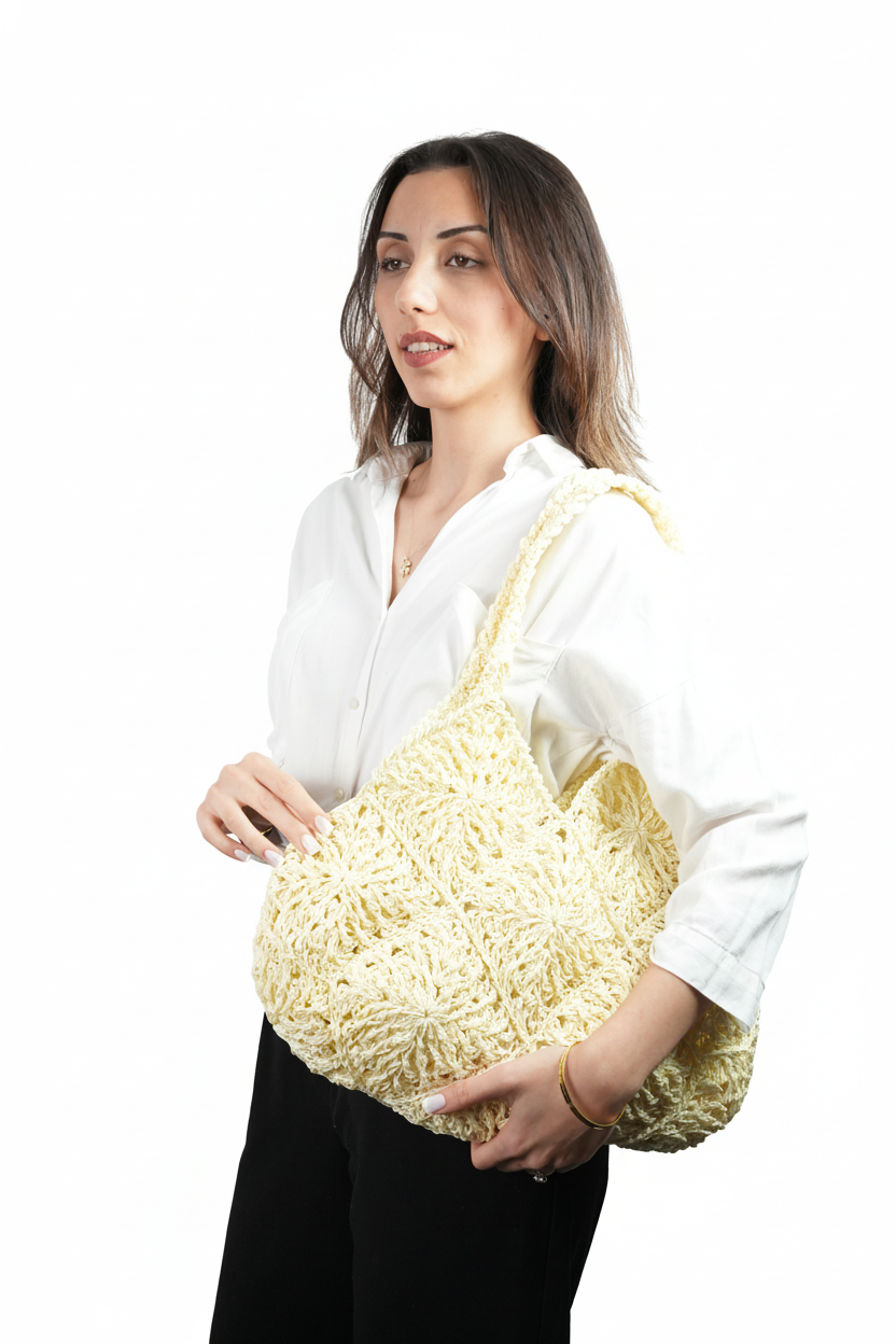 Motifli El Yapımı Örgü Çanta – Krem Renk Omuz Çantası